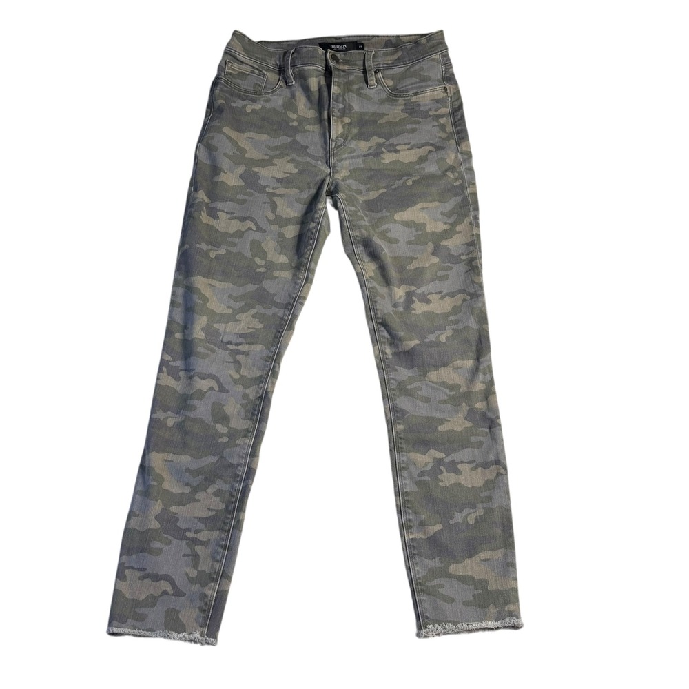 Hudson Barbara Super Skinny Camo Jeans Green Grey Raw Hem 29 High Rise